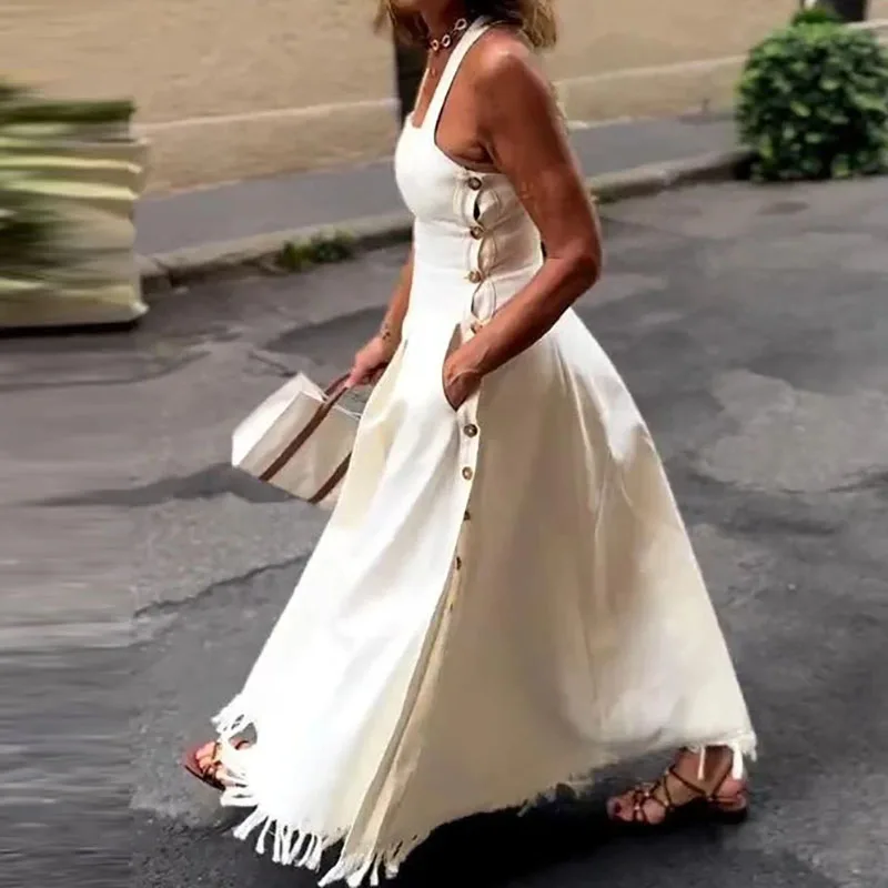 Robe longue d'été à Camisole blanche, décontractée, épaules dénudées, poches, coupe cintrée, élégant