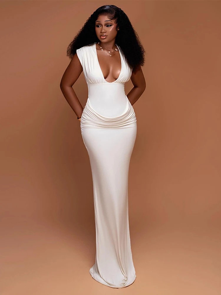 Sexy froncé moulante robe Maxi femmes solide sans manches col en v mince longues robes femme soirée