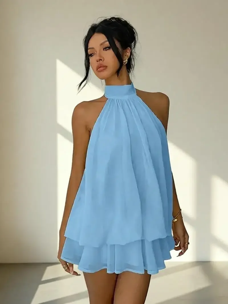 Robe de plage Sanya Resort, robe en mousseline à col halter, jupe Coffee Break, robe sexy pour femme