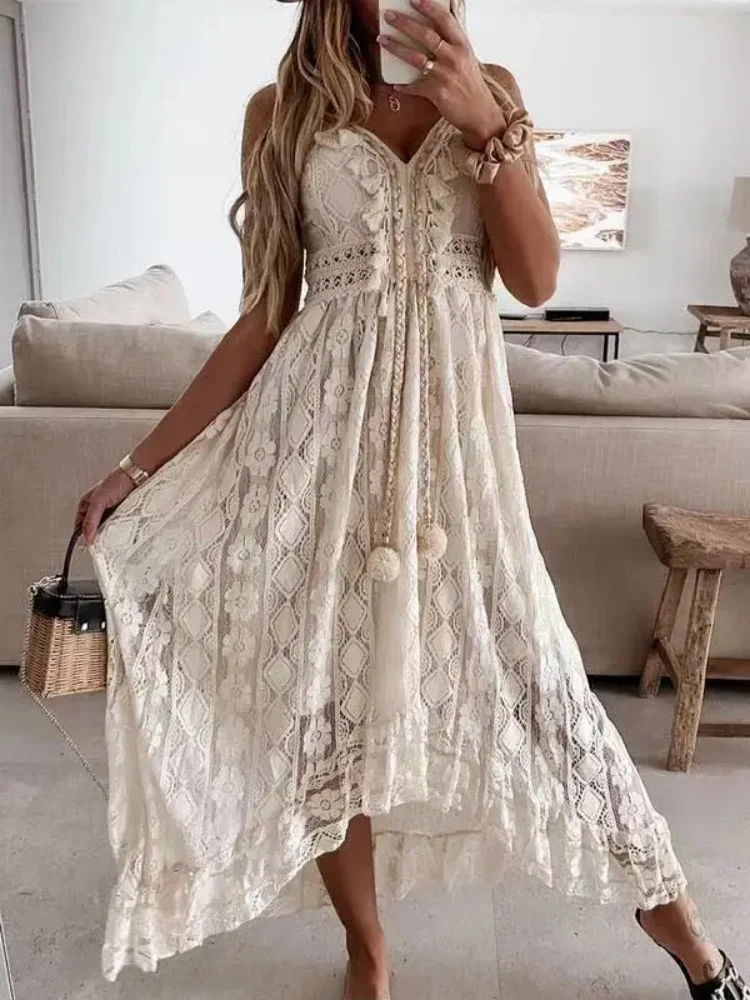 Robe longue en dentelle sans manches pour femmes, mode d'été, Sexy, plage, vacances, col en V, ajour