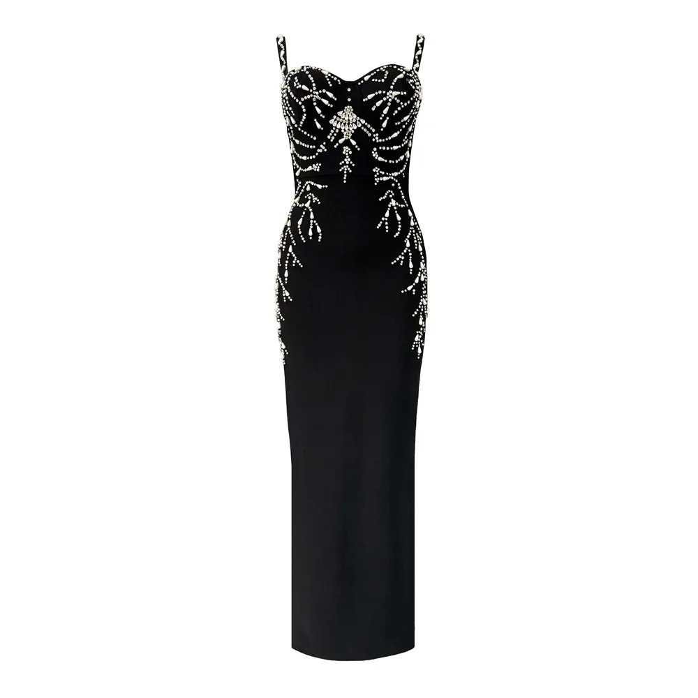 Femmes élégantes perles robe de pansement Spaghetti sangle moulante vêtements Club fête robes de soi