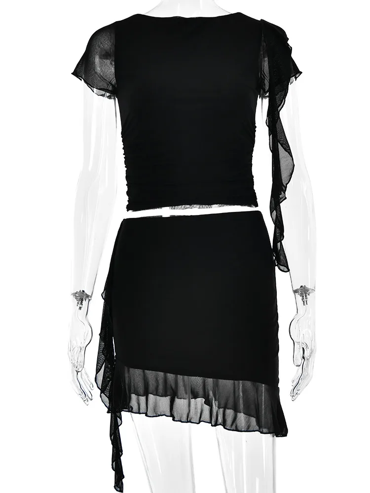 Articat-Ensemble deux pièces sexy pour femme, maille double couche, à volants, transparent, serré, m