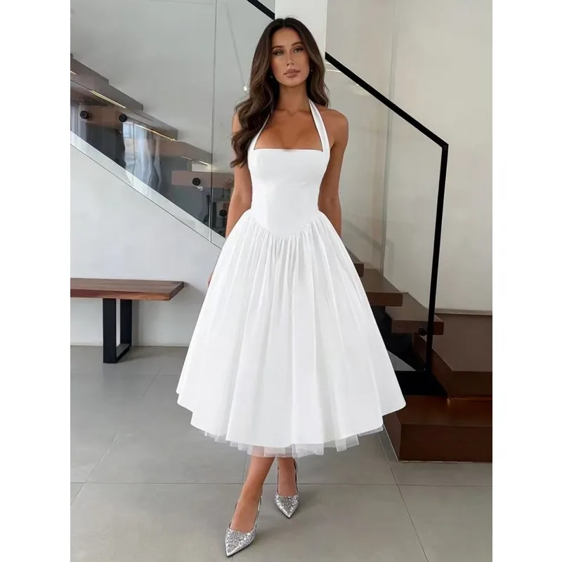 Élégante Robe Midi Blanche Française pour Invitée de Mariage Femme, Col Halter, Corset, Robe de Cock