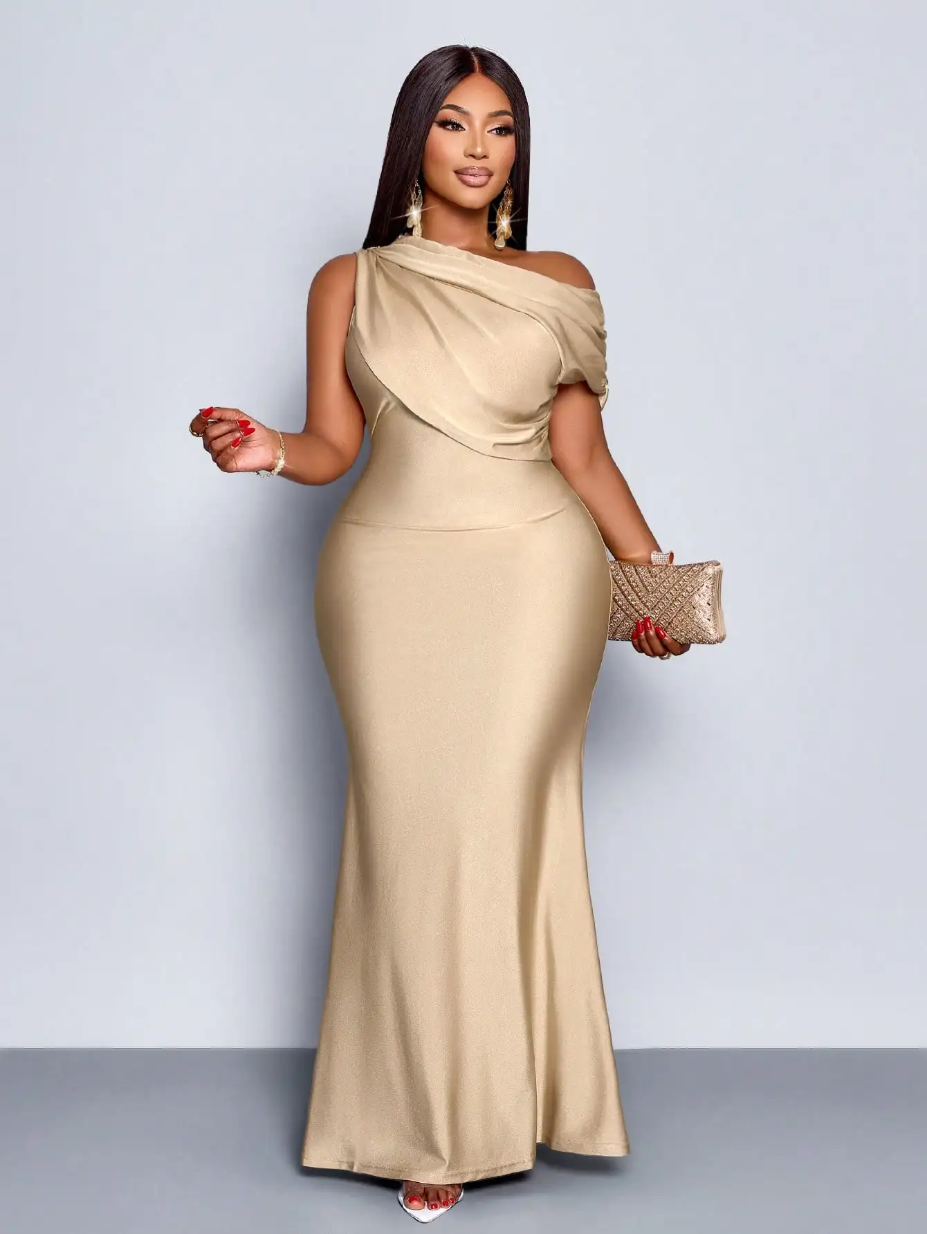 Robe de soirée élégante à épaules dénudées, taille plus, style sirène, en abricot brillant pour mari