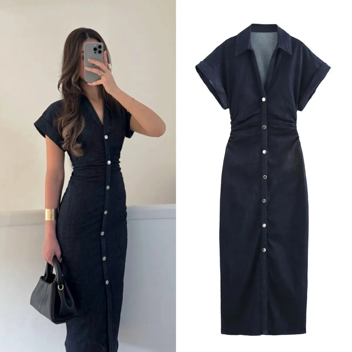 ETJ 2025 printemps nouvelle série 1975 robe MIDI en denim avec revers côté fermeture éclair mode rid