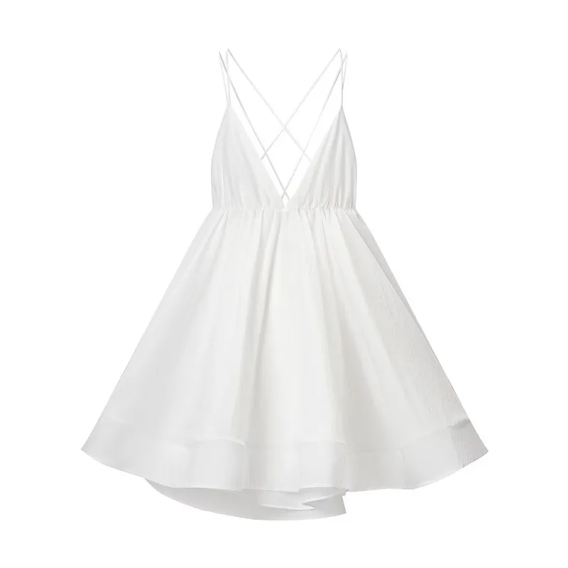 Robe de plage pour femme, sexy, col en V profond, ample, unie, style camisole, dos nu, à volants, po