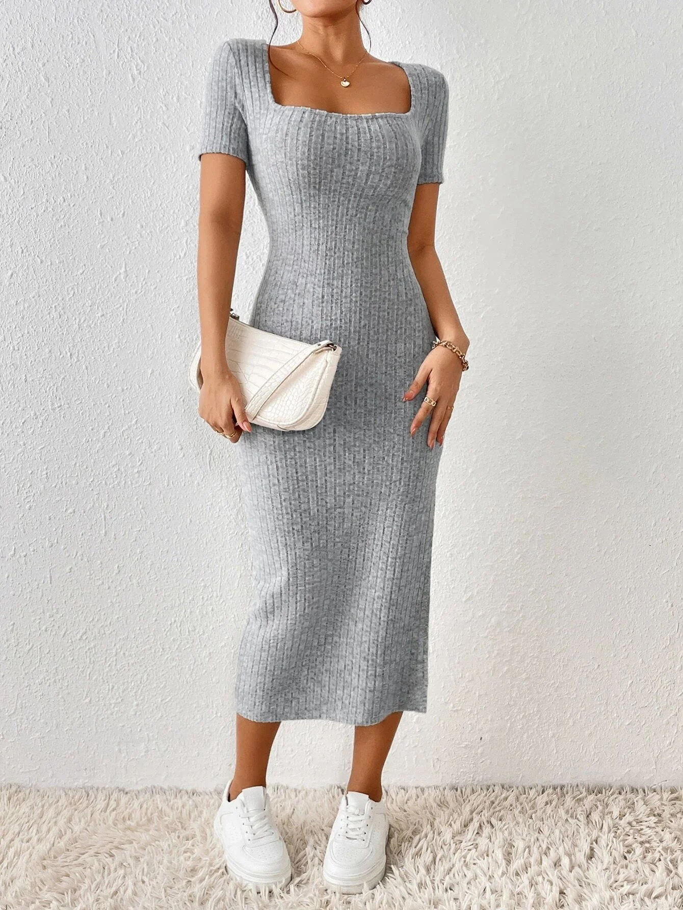 Robe tricotée pour femme, style printemps-été, décontractée, à manches courtes, col carré, fente lat