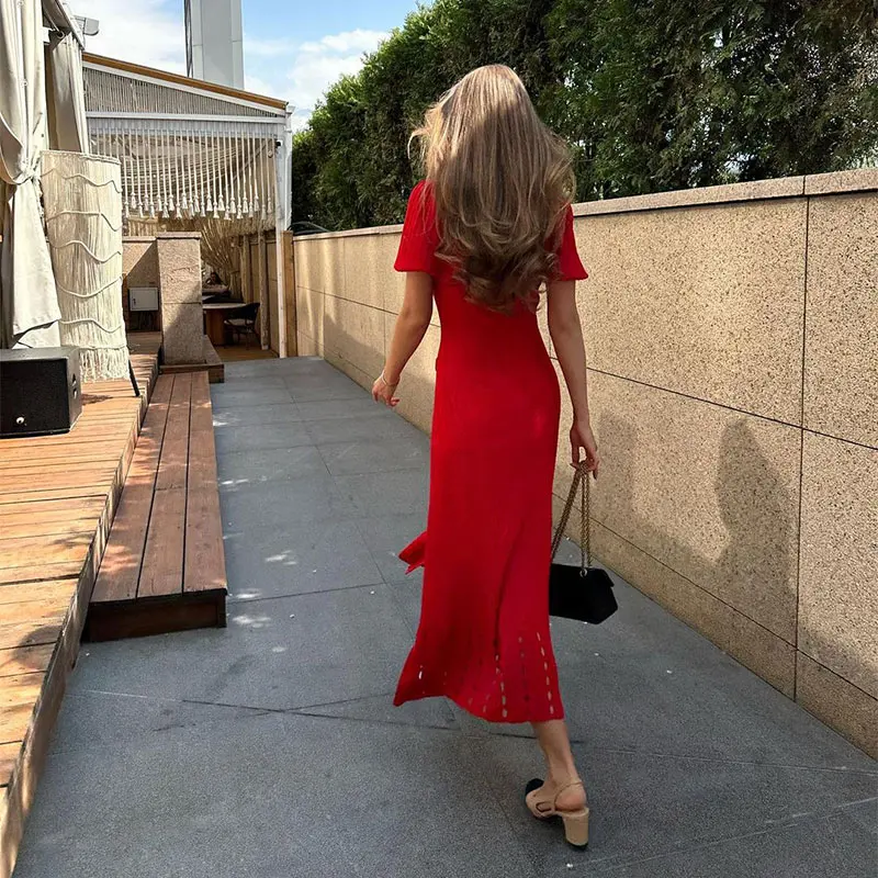 Robe évidée à simple boutonnage pour femmes, élégante robe à revers, manches courtes, chic, rouge, n
