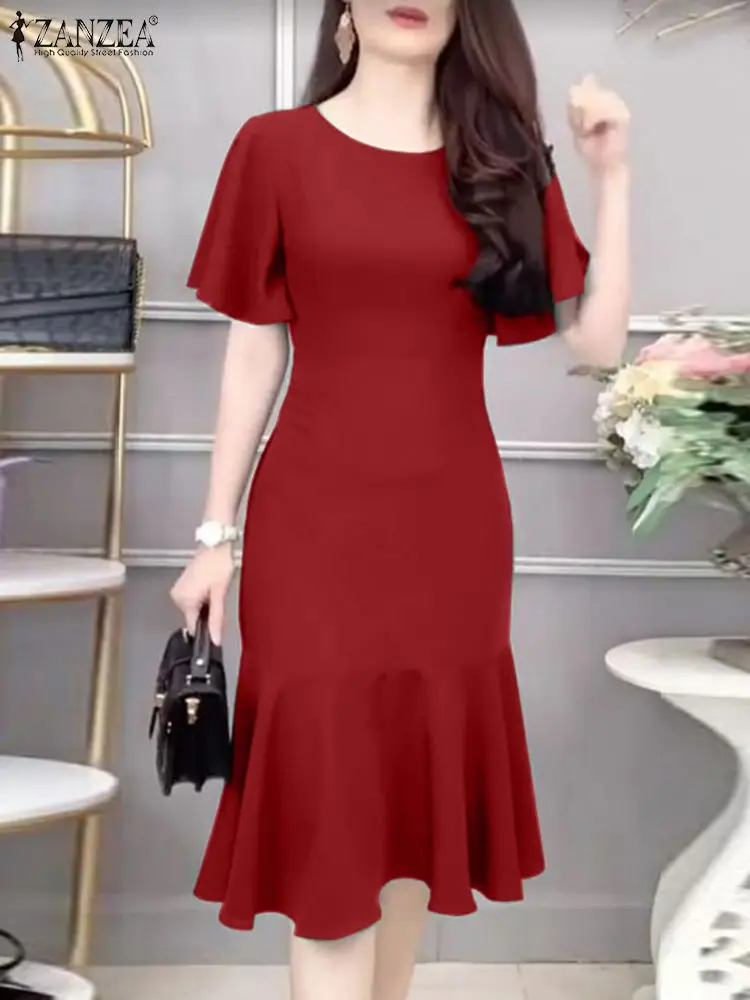 ZANZEA – Robe sirène élégante pour femmes, mode, manches courtes, col rond, ourlet à volants, ajusté