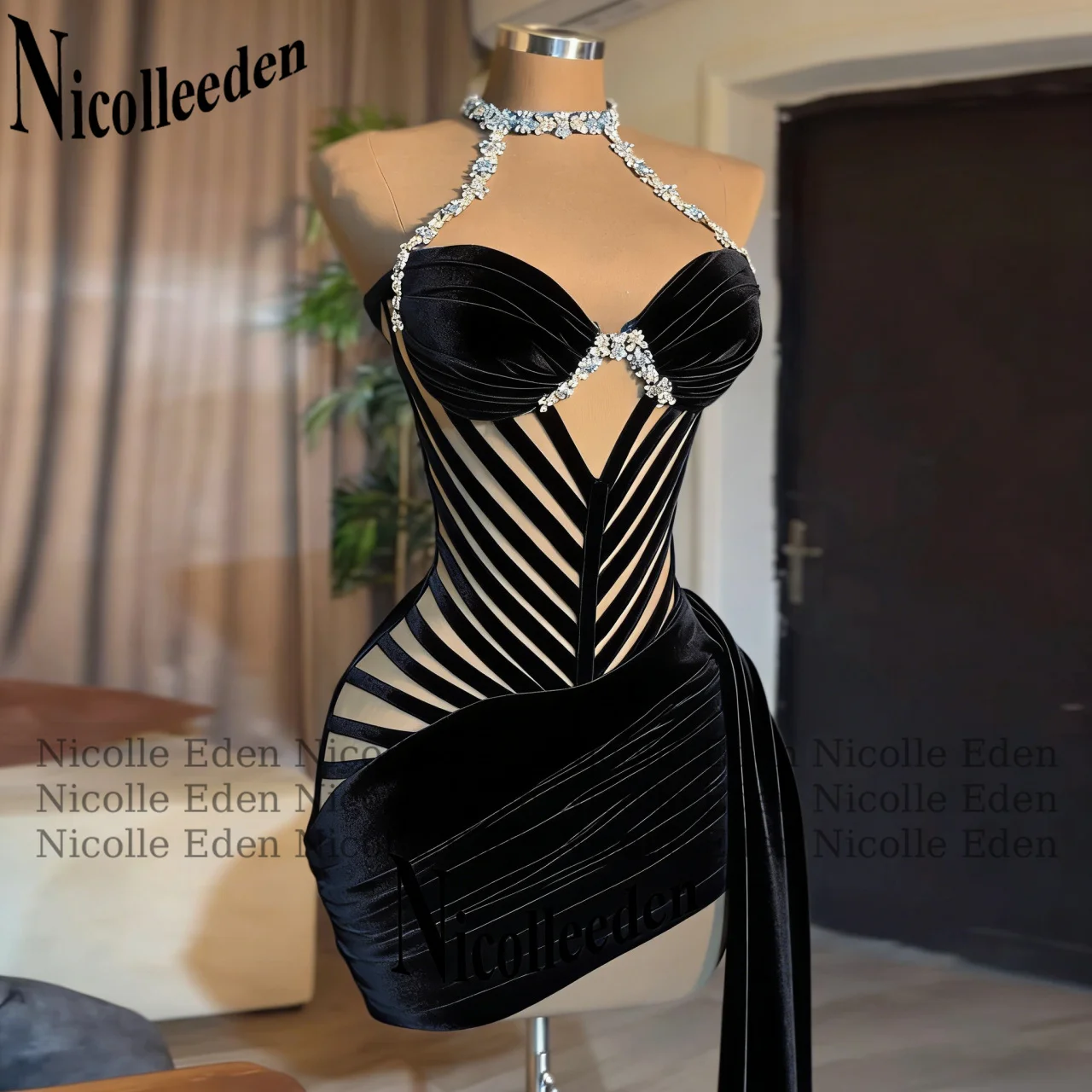 Nicolle élégant plis robes De Cocktail pour les femmes strass licou sans manches robes De soirée rob