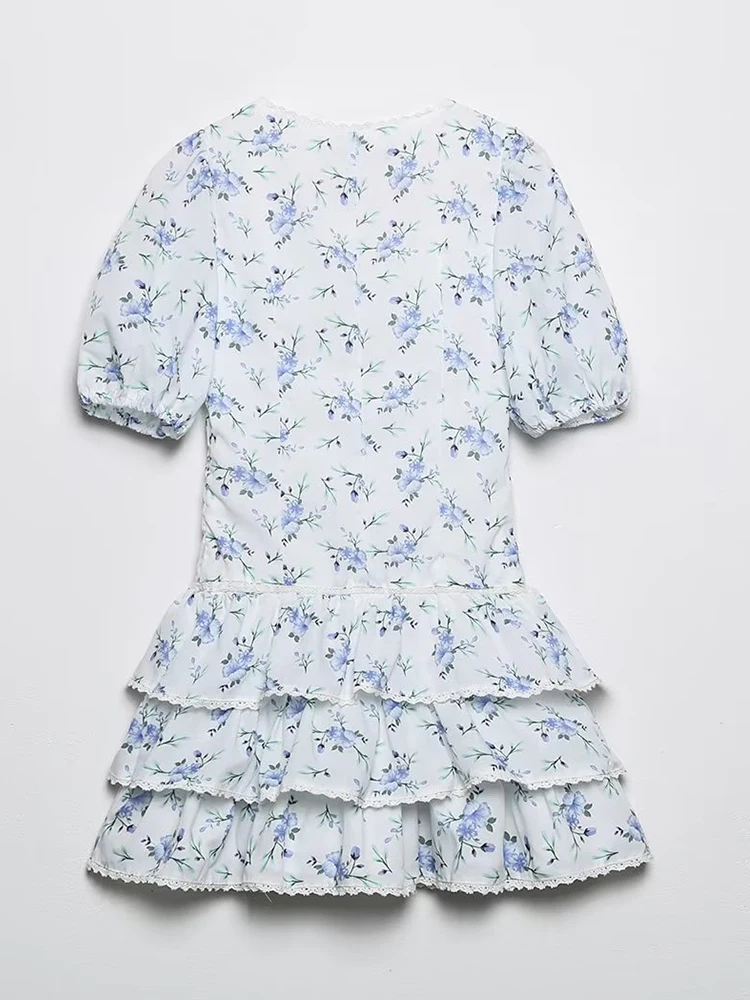 YENKYE-Mini robe à volants en dentelle pour femmes, imprimé floral, manches bouffantes vintage, garn