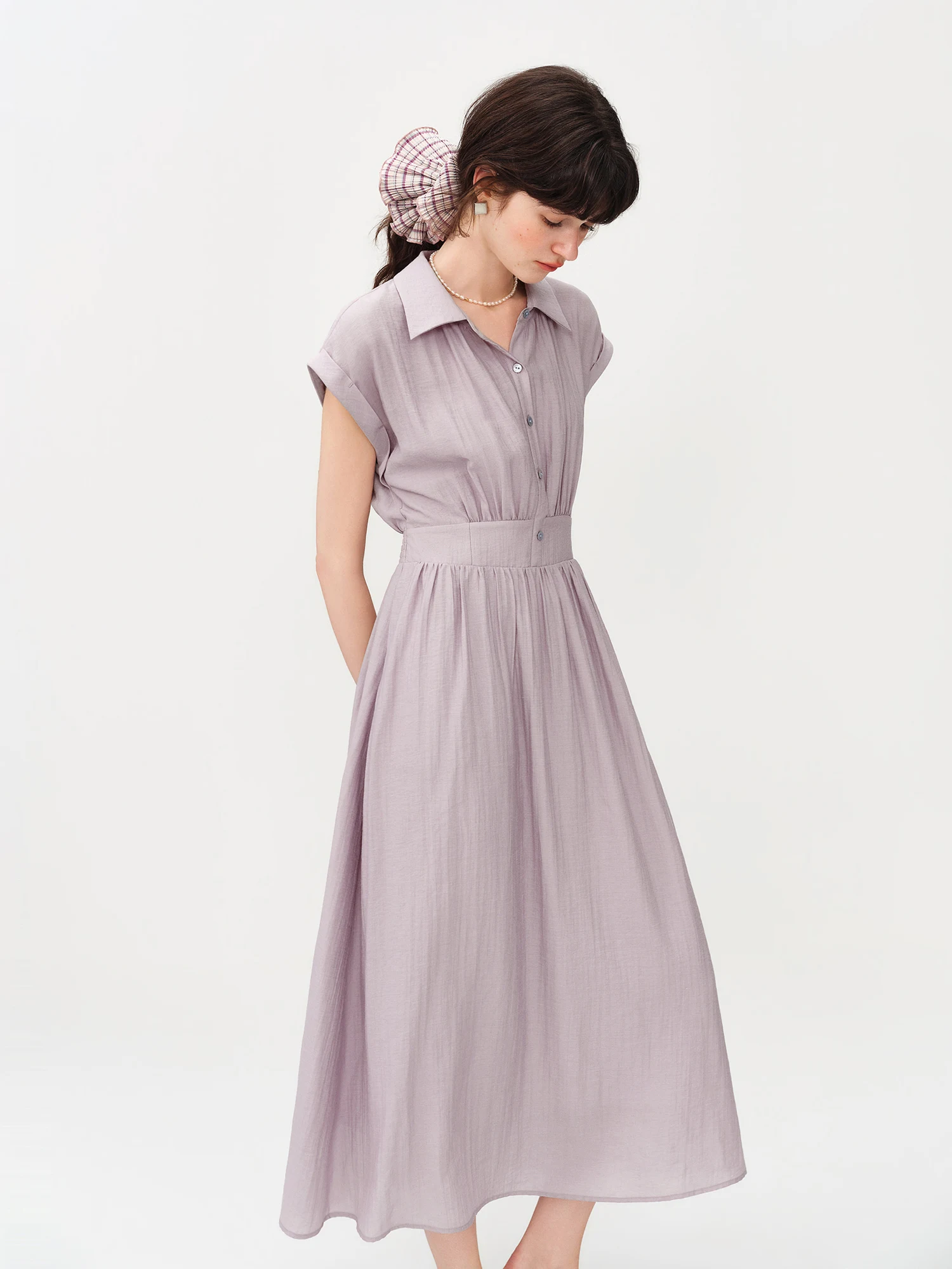 Robe mi-longue en lin coupe trapèze à col rabattu sans manches et taille ajustée en tissu Lyon, nouv