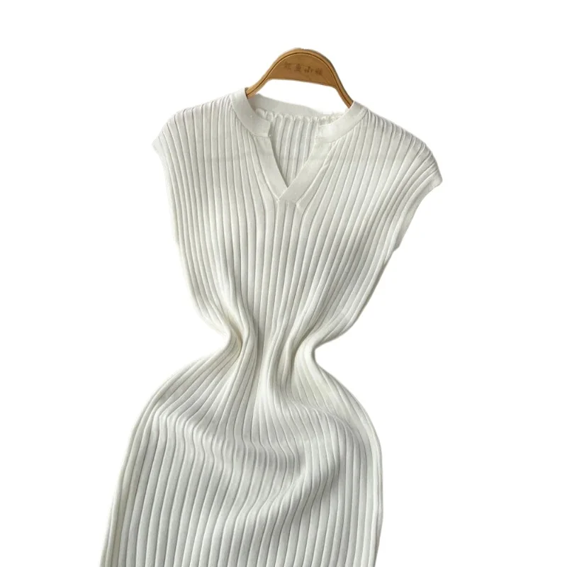 Robe longue moulante en maille blanche pour femme, col en V, sans manches, élastique, avec fente lat