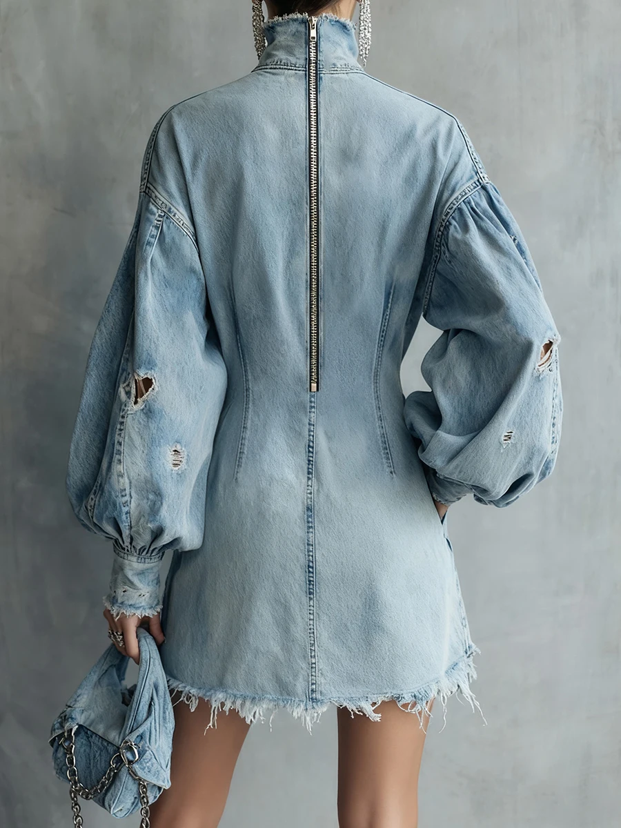 Robe Courte en Jean Rétro Tendance à Col Montant, Manches Lanterne, Poches et Détails Découpés, Coup