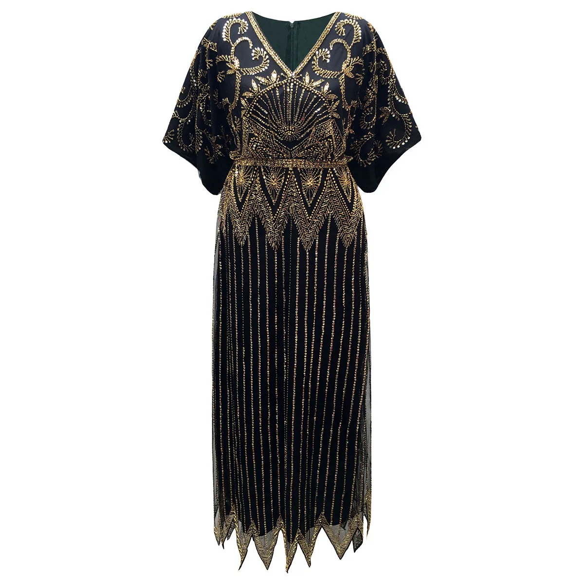 Robe de soirée longue à paillettes pour femmes, élégante, col en V, manches courtes, ligne A, taille