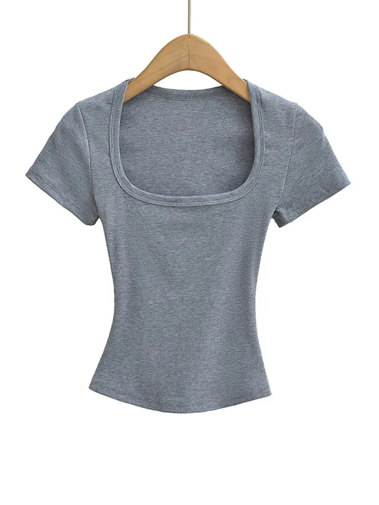Col carré haute Stretch été culture hauts femmes à manches courtes hauts Sexy pull sommets Blouses m