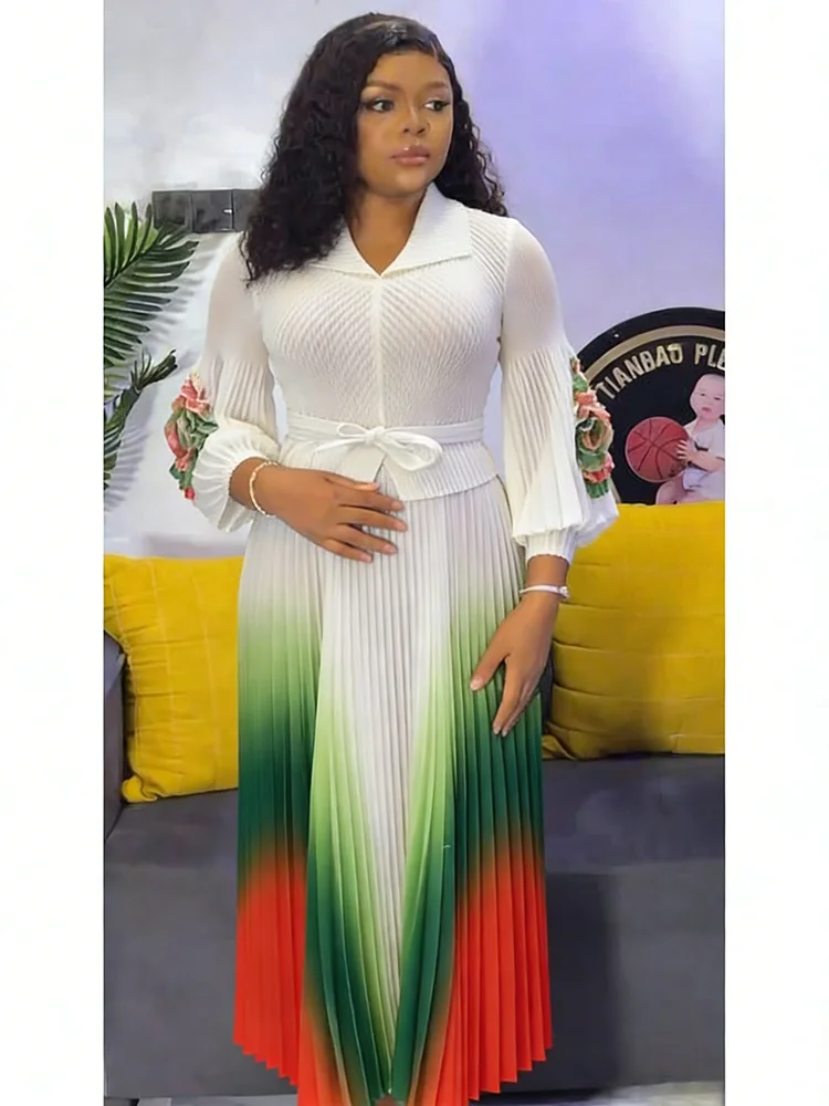EGRM – robe Miyaki à revers, manches lanternes, ceinture, taille amincissante, dégradé plissé, jupe 