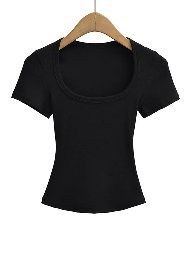 Col carré haute Stretch été culture hauts femmes à manches courtes hauts Sexy pull sommets Blouses m