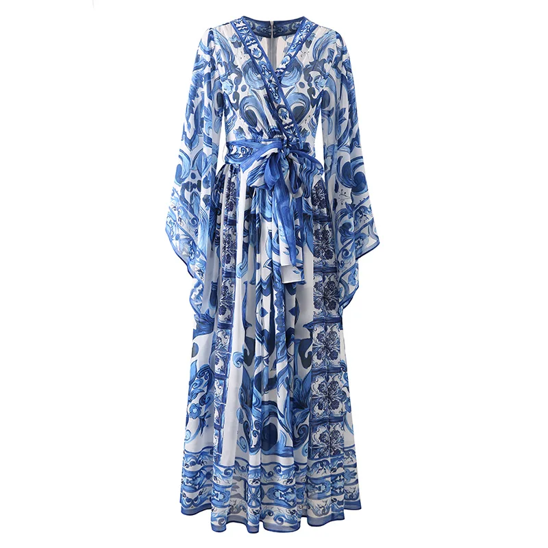Robe de vacances à imprimé de porcelaine rouge bleu et blanc pour femmes, robe longue d'été, robe bo