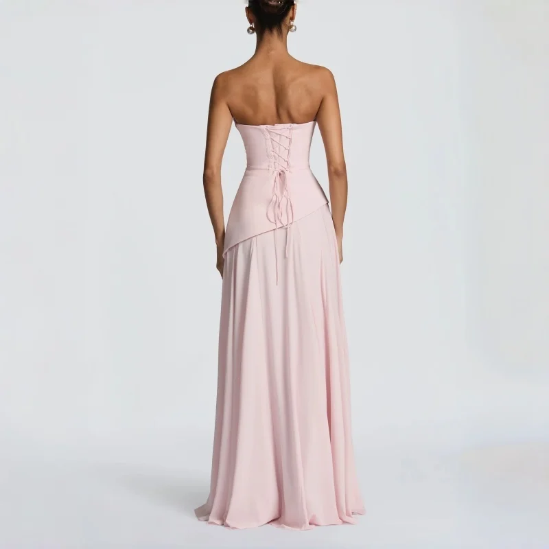 Robe de soirée rose poudré pour femme, col bénitier, dos froncé, à lacets, sans manches, élégante, p