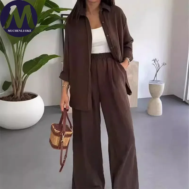 Ensemble 2 pièces d'été pour femme : Chemise à revers à manches longues et pantalon décontracté à ja