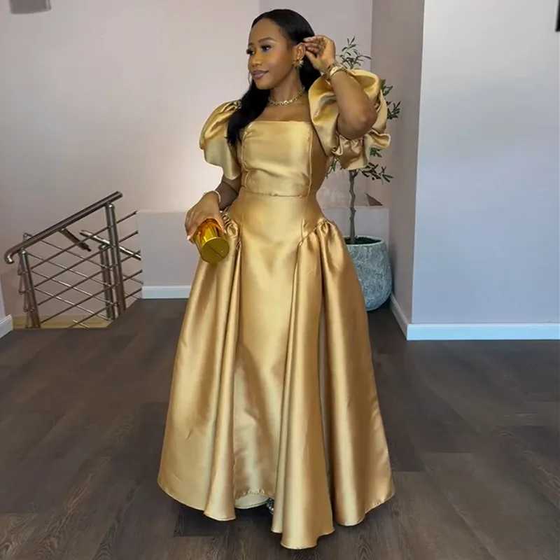 Robe élégante pour femmes, manches bouffantes, col carré, couleur unie, plissée, ligne a, robes Maxi