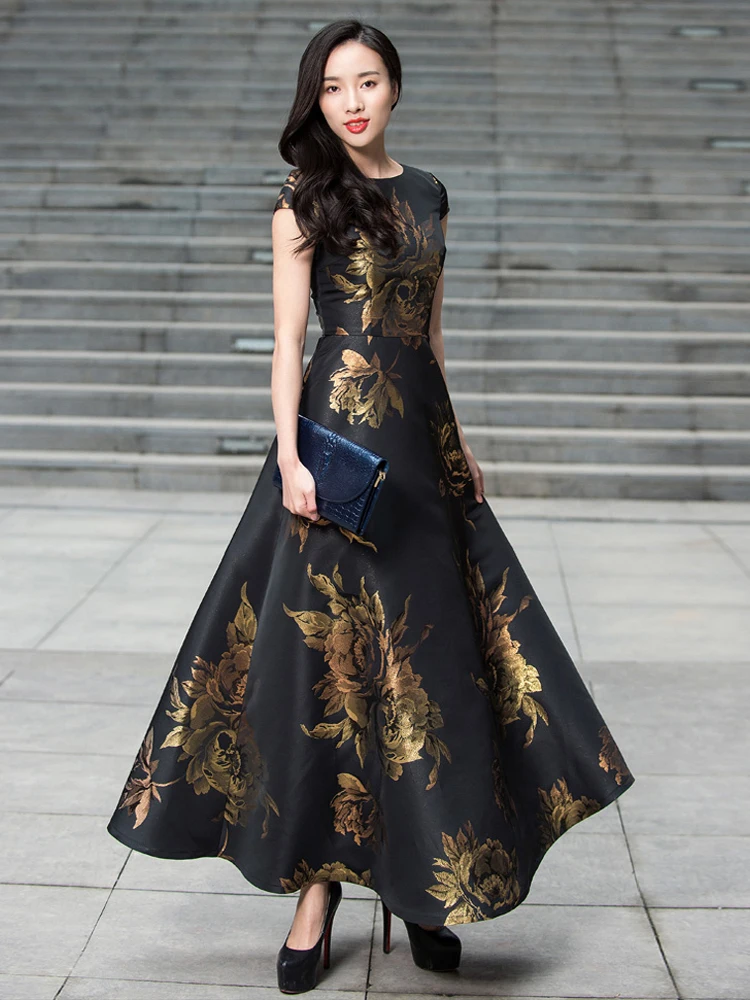 Robe Jacquard Vintage Élégante pour Femmes avec une Silhouette Maxi Évasée Cintrée à la Taille, Idéa