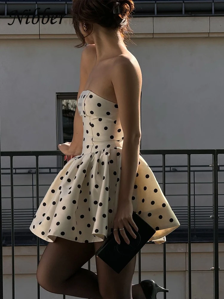 Nibber Points Imprimer Robe Femmes Poitrine Wrap Dos Nu Arc Applique Volants Lâche Ourlet 2025 Y2k T