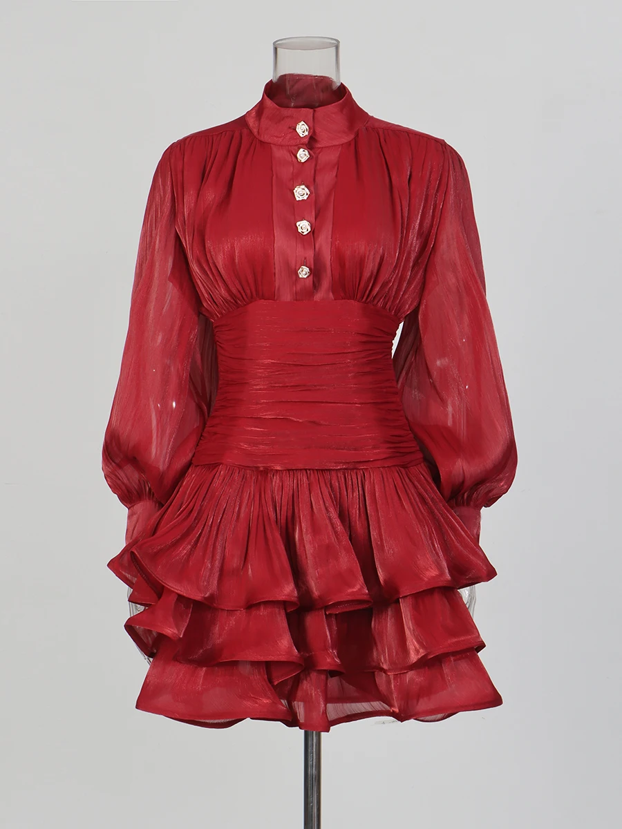 TWOTWINSTYLE élégant minceur épissé volants plis Mini robes pour les femmes col montant manches long