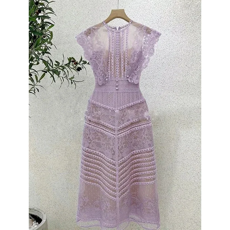 Robe de Luxe en Dentelle Violette pour Femme, Tenue Vintage Brodée de Fleurs, Col Rond, Élégante, Ta