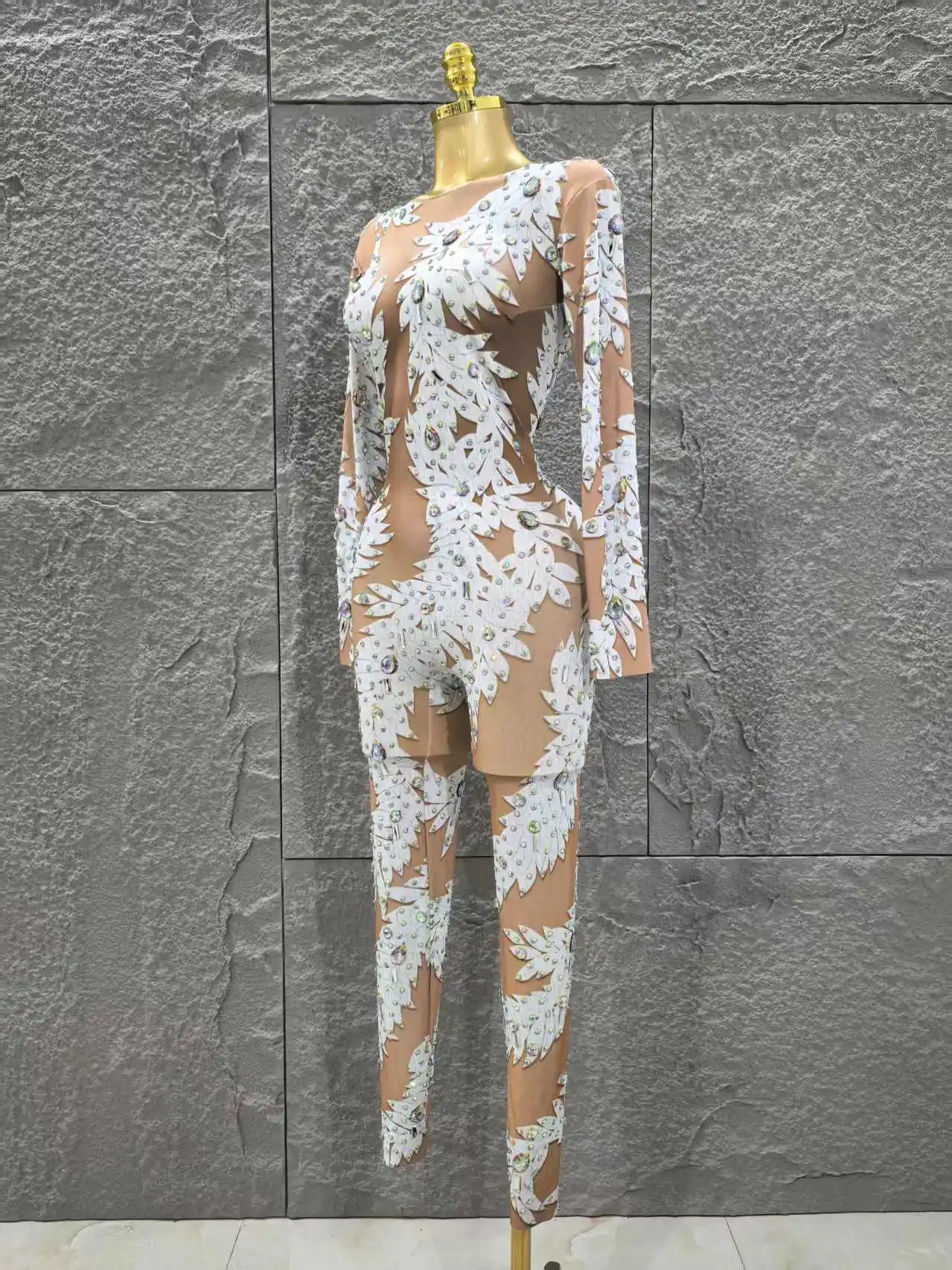 Gros femmes Sexy à manches longues brillant strass moulante combinaison célébrer discothèque fête Pe