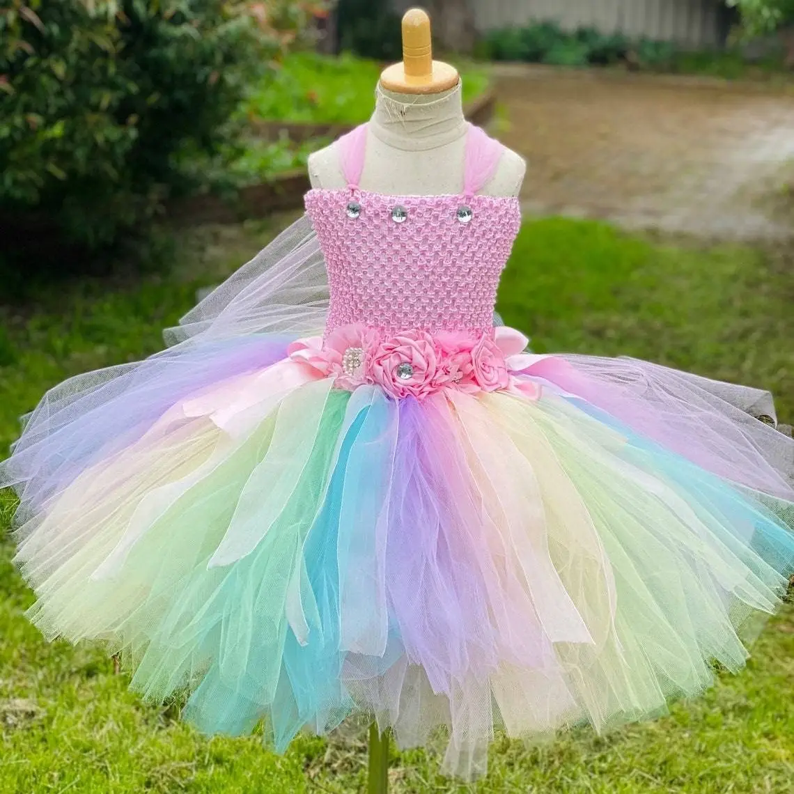 Robe de fée papillon Pastel pour filles, Tutu à fleurs avec aile et bâton, tenue avec nœud de cheveu