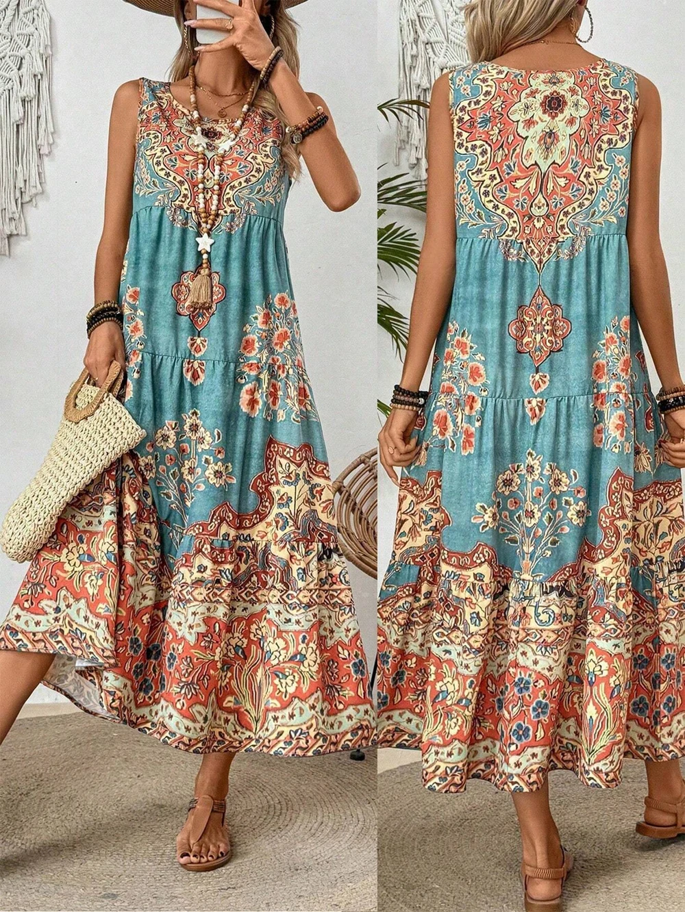 Robe d'été sans manches à col rond imprimée pour femmes, adaptée aux vêtements décontractés ou de pl