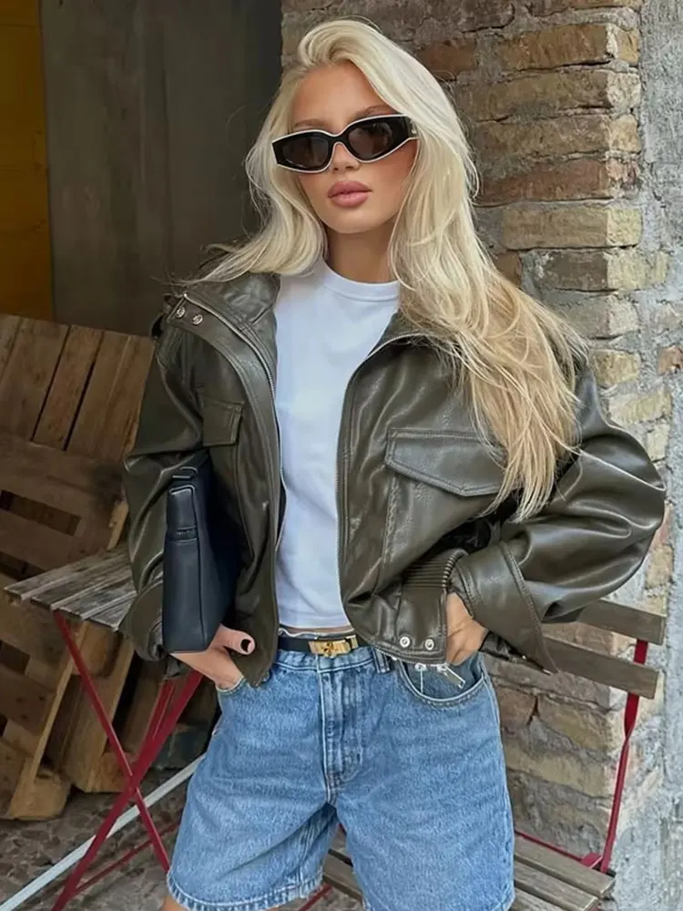 HH femmes Faux cuir recadrée veste vintage Bomber vestes avec poches à manches longues manteaux ferm