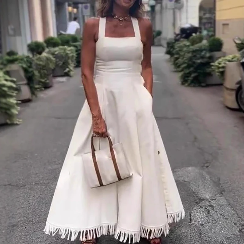Robe longue d'été à Camisole blanche, décontractée, épaules dénudées, poches, coupe cintrée, élégant