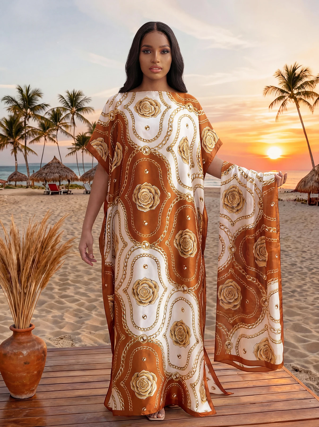Robe d'été imprimée tendance avec grand foulard, Kaftan Dubaï Turquie, Abaya ample musulmane, Robe d