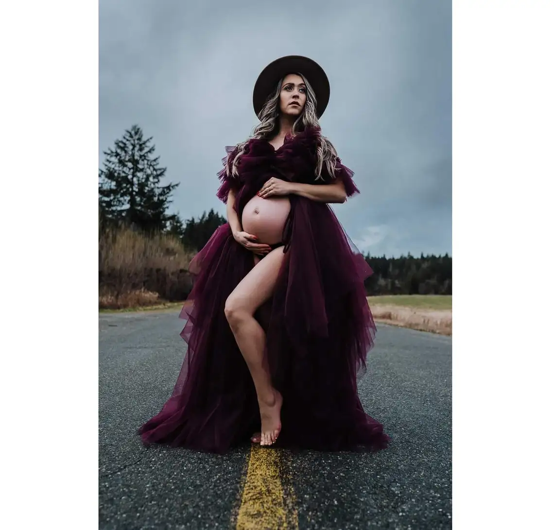 Robe de maternité en Tulle bordeaux, moelleuse, pour séance photo, robe de soirée en maille Marsala 
