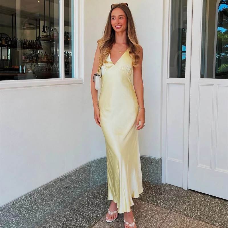 HXAO robes jaunes femmes Satin col en V robe mi-longue été dos nu sangle robes de soirée élégante ro