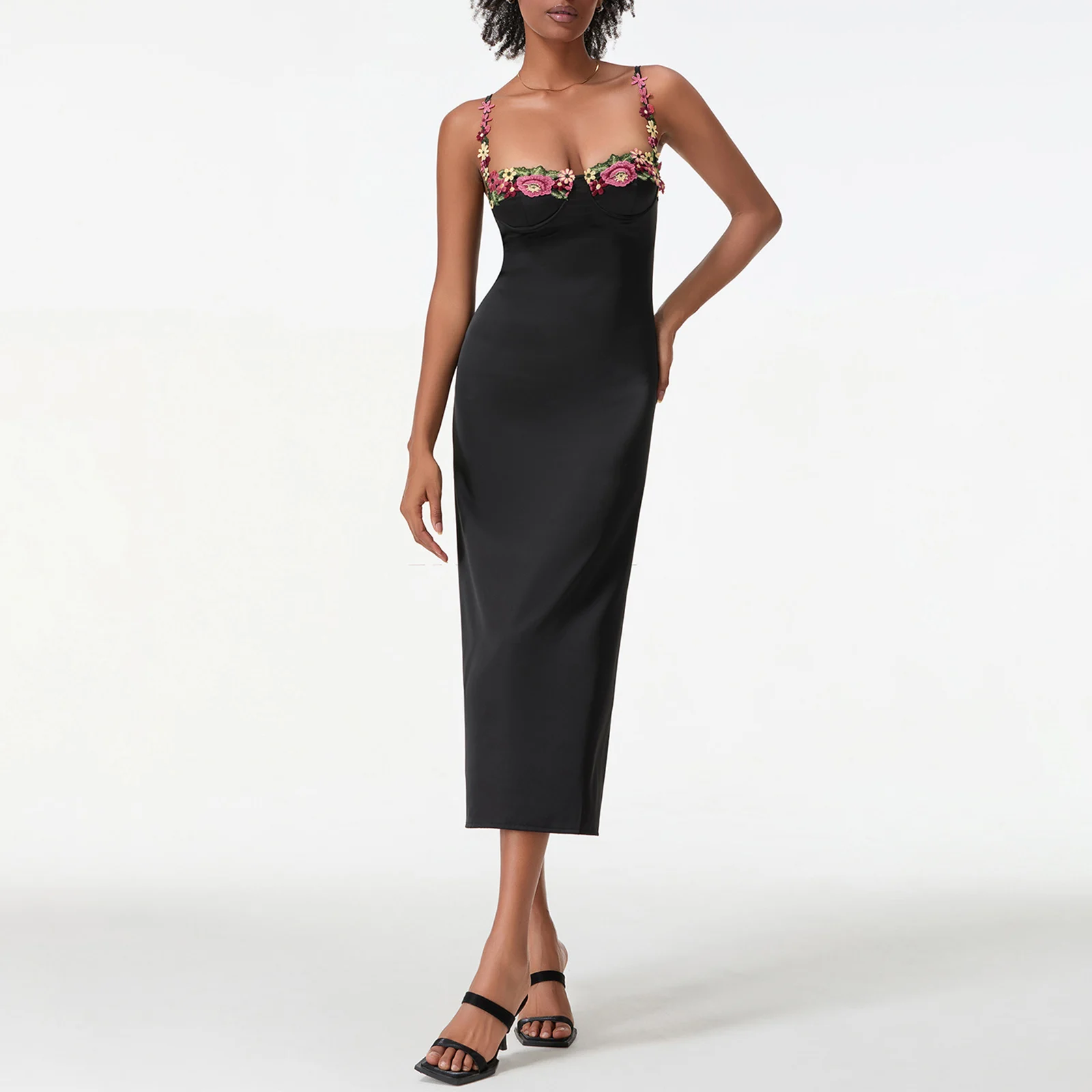 Robe de cocktail longue en satin pour femmes, broderie de fleurs, bretelles spaghetti, robe moulante