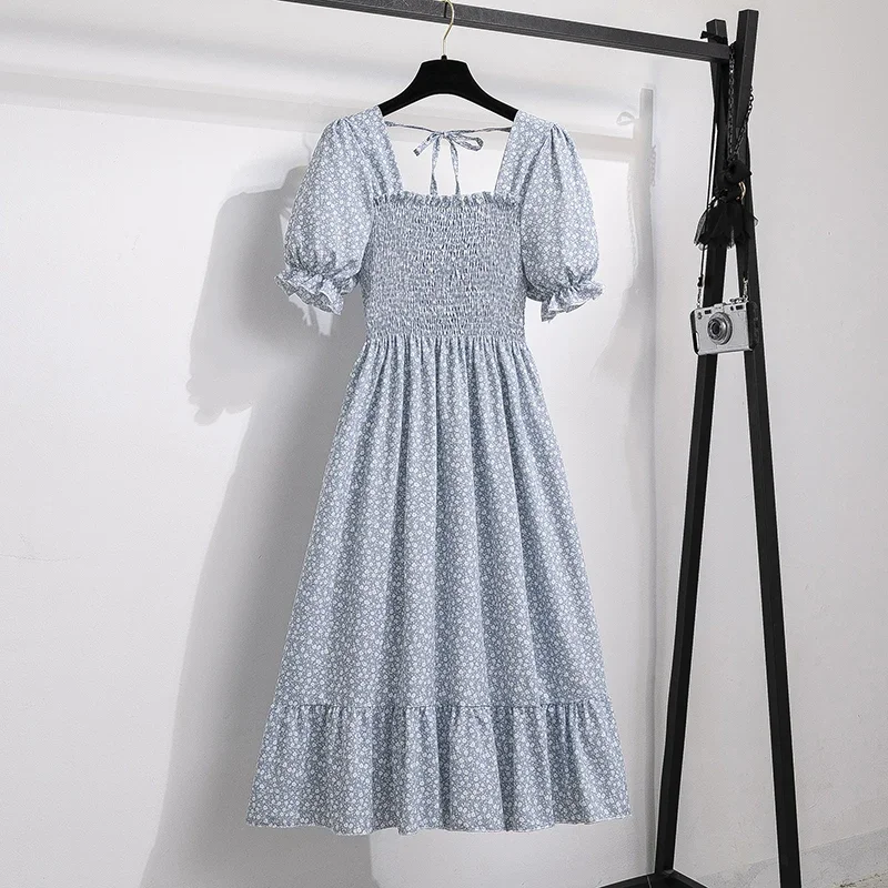 Printemps été robes en mousseline de soie mode femme taille élastique à manches courtes plissée tenu