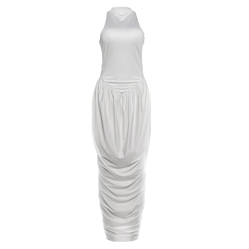 Robe longue élégante froncée Kliou pour femme, tendance estivale, col rond, épaules dénudées, dos nu