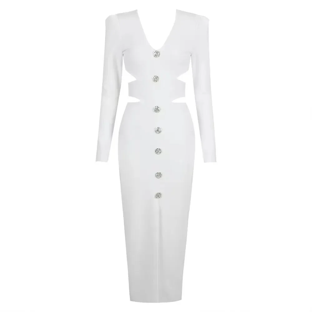 Robe mi-longue à bandes pour femmes, col en V, fendue, découpée, élégante, moulante, Sexy, mode, man