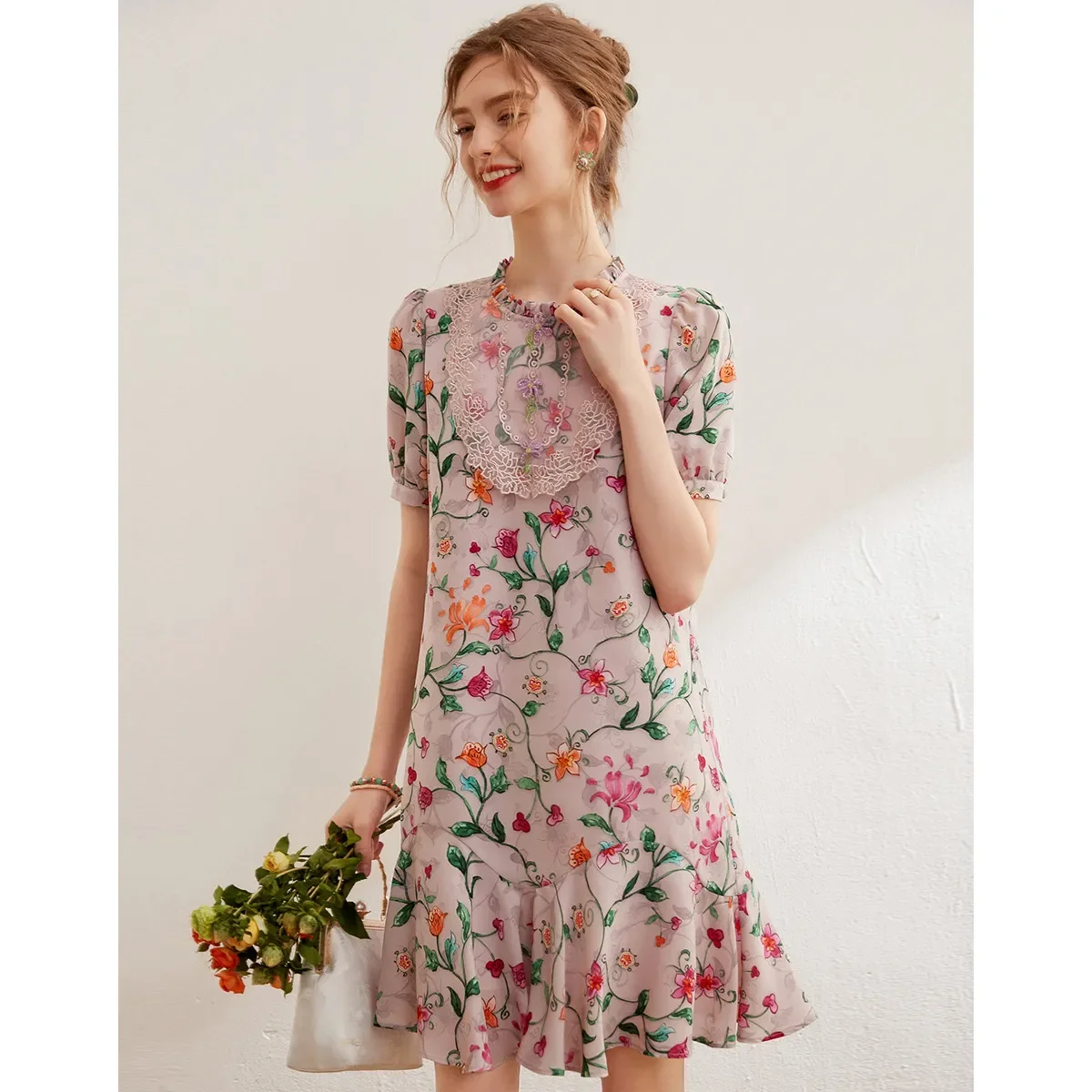 Modiis Yao-Robe florale brodée élégante, dentelle perlée, col rond, manches courtes, robe courte A-L