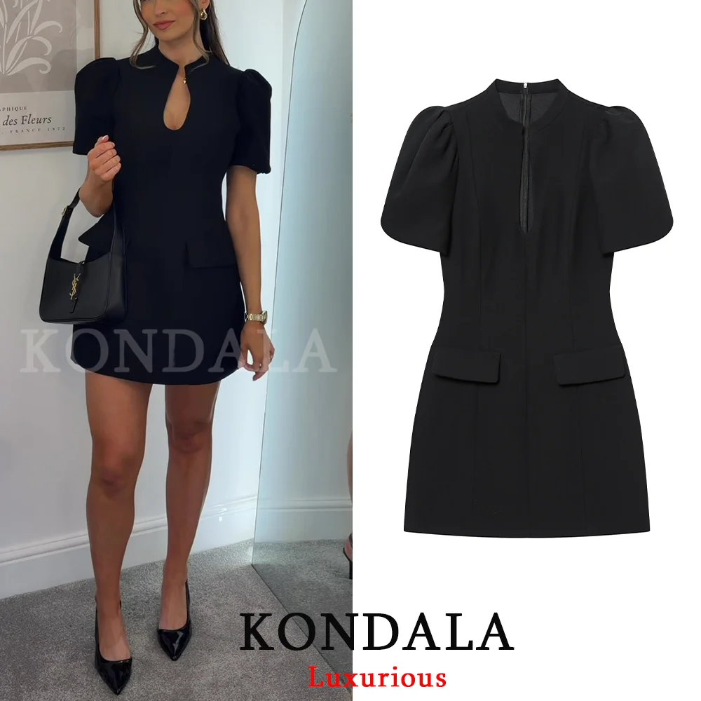 KONDALA Robe Courte Chic et Élégante pour Femme, Noire, Col Rond, Fermeture Éclair, Manches Courtes 