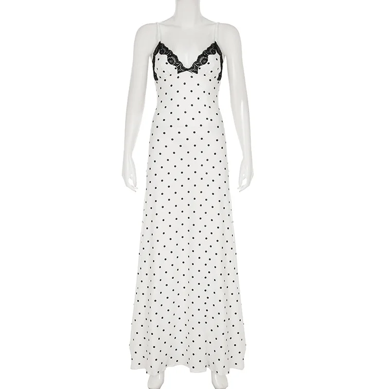 Tornova Sexy col en v à pois robe à bretelles pour les femmes mince français rétro dentelle épissure