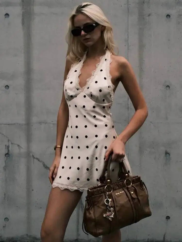 Blifanbo Satin à pois Mini Robe femmes Robe été nouvelle dentelle licou col en V profond sans manche