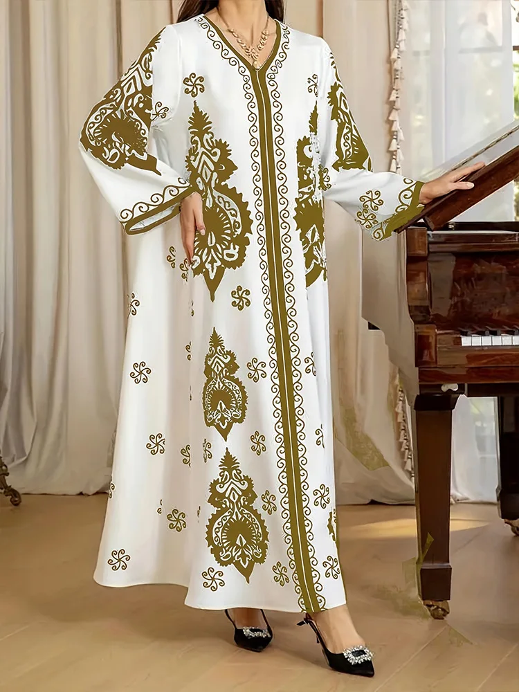 Robe longue élégante Abaya pour femmes, robes musulmanes pour l'Aïd, imprimé bronzé, col en V, Jalab