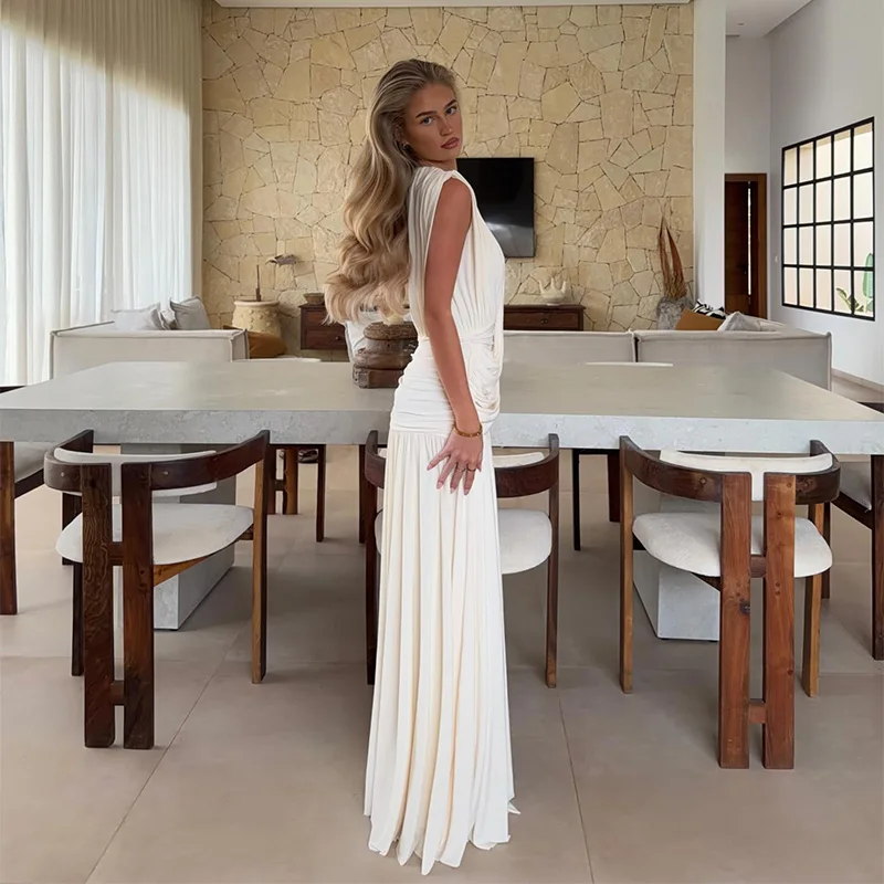 Robe longue élégante blanche sans manches pour femme, col en V profond, drapée, plissée, pour l'été,