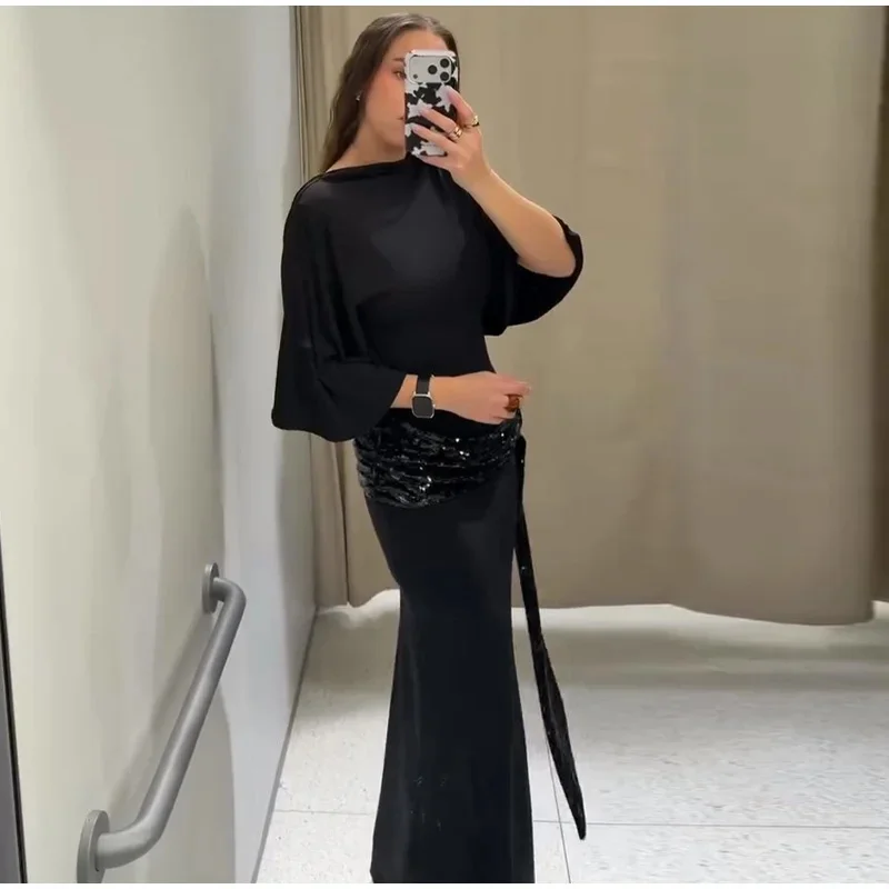 Robe Maxi en Patchwork de paillettes pour femmes, dos nu, élégante, manches larges, longue, nouvelle