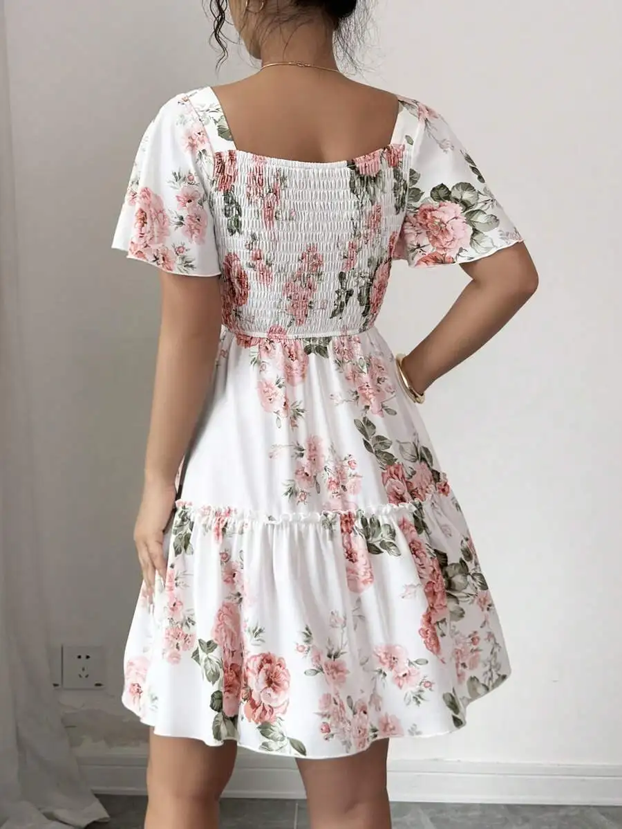 Robe décontractée à manches courtes pour femmes, imprimé floral, avec ceinture et ourlet à volants,